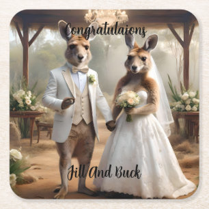 "Bound by Love: A Roo-mantic Hop Down the Aisle" Square Paper Coaster