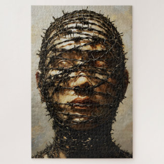 Bound in Silence – Barbed Wire Symbolic Portrait Jigsaw Puzzle