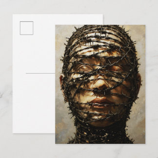 Bound in Silence – Barbed Wire Symbolic Portrait Postcard