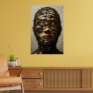 Bound in Silence – Barbed Wire Symbolic Portrait Poster