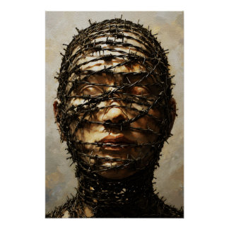 Bound in Silence – Barbed Wire Symbolic Portrait Poster