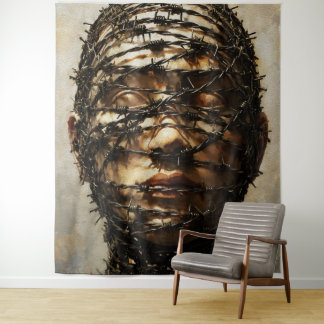 Bound in Silence – Barbed Wire Symbolic Portrait Tapestry