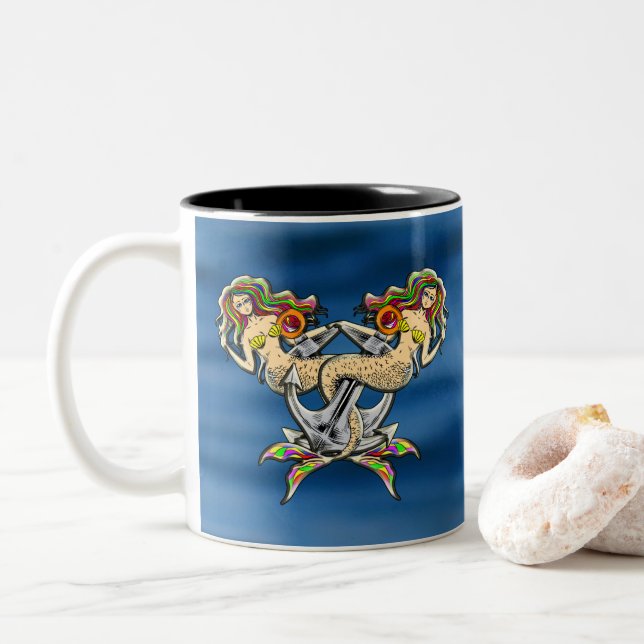 Bound Mermaids - Nautical Design for Ocean Lovers Two-Tone Coffee Mug (With Donut)
