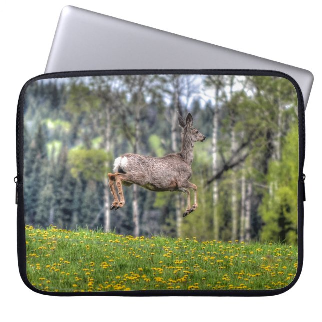 Bounding Mule Deer & Forest Wildlife Animal Photo Laptop Sleeve (Front)