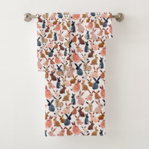 BOUNDLESS BUNNIES Cute Pastel Watercolor Rabbit Bath Towel Set