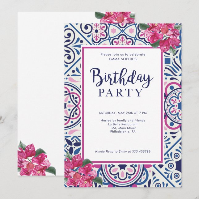 Bounganvillea and tiles Birthday Invitation (Front/Back)