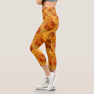 Bountiful Blossoms Golden Orange Art Deco  Capri Leggings