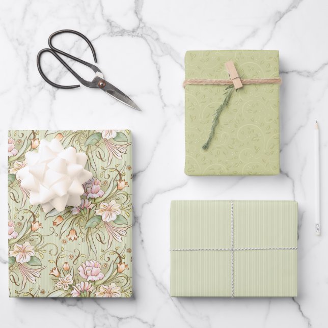 Bountiful Bouquet Olive Wrapping Paper Set of 3 (Front)