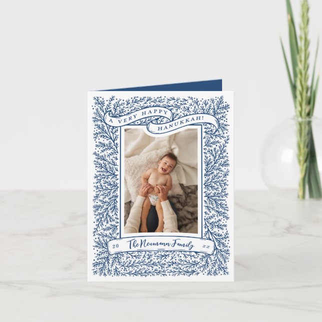 Bountiful Branches Dark Blue Hanukkah Photo Card (Front)