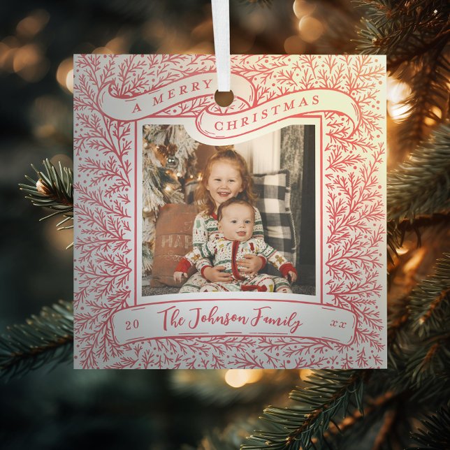 Bountiful Branches Red and White Photo Christmas Glass Ornament (Creator Uploaded)