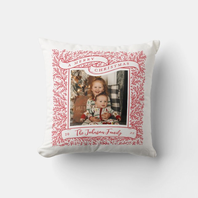Bountiful Branches Red and White Photo Christmas Throw Pillow (Front)