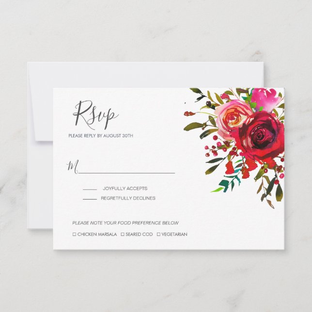 Bountiful Rose Ruby Red Wedding RSVP Card (Front)