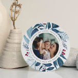 Bountiful | Round Hanukkah Photo Holiday Card<br><div class="desc">Elegant Hanukkah photo card in a unique round shape features a favourite photo surrounded by icy blue botanical foliage and tiny red berries. Personalize with a custom Hanukkah greeting (shown with "wishing you love,  light and peace"),  and your names curved around the photo.</div>