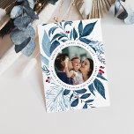 Bountiful | Watercolor Botanical Hanukkah Photo Holiday Card<br><div class="desc">Elegant Hanukkah photo card features a favourite photo surrounded by lush blue botanical foliage and tiny red berries. Personalize with a custom holiday greeting (shown with "wishing you light,  peace and love"),  and your names curved around the photo. Add four additional images to the back,  along with the year.</div>