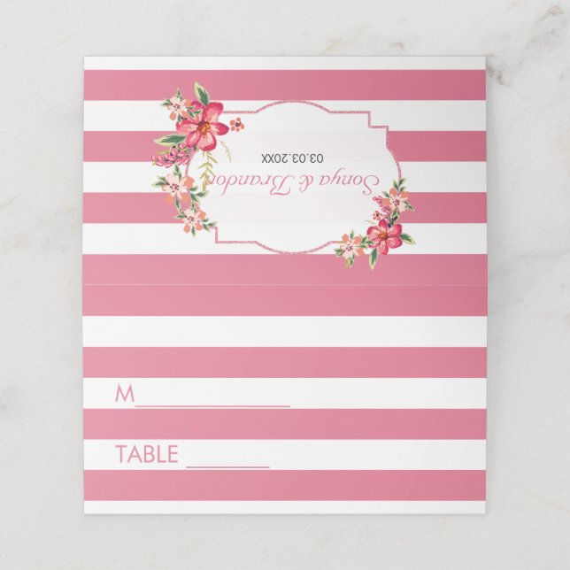 Bouquet And White And Pink Stripes Place Card (Outside Unfolded)