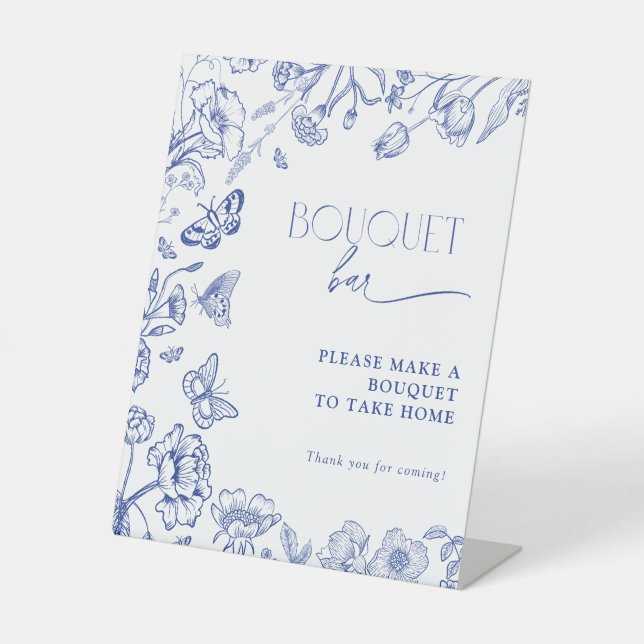 Bouquet Bar Something Blue Floral Bridal Shower Pedestal Sign (Front)