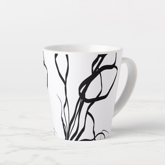 Bouquet Blanc: Abstract White & Black Latte Mug (Right Angle)