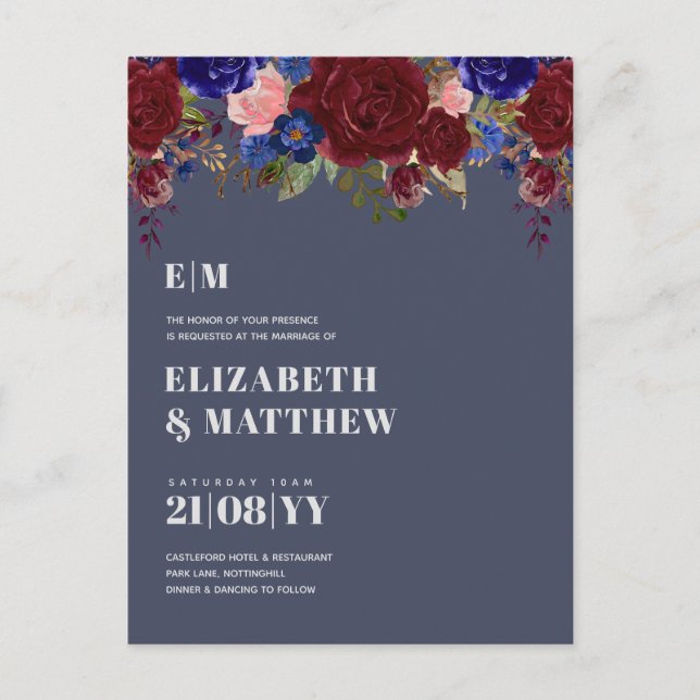 Bouquet Bourgogne Bleu Roses Mariage Invitation (Devant)