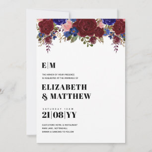 Bouquet Burgundy Blue Roses Wedding Invite