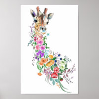 Bouquet de fleurs colorées Girafe Affiche Peinture