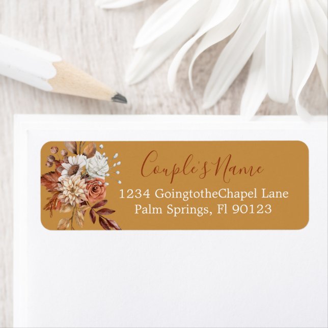 Bouquet floral automne sur Étiquette or (En situation)