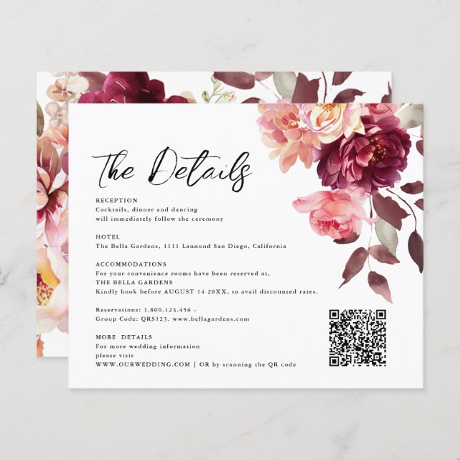Bouquet Floral Burgundy QR code Details Wedding  (Front/Back)