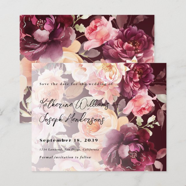 Bouquet Floral Burgundy Wedding Save the Date (Front/Back)