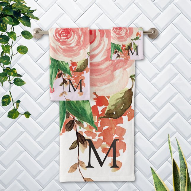 Bouquet floral moelleux à ressort rose monogramme (In situ Bathroom wall)