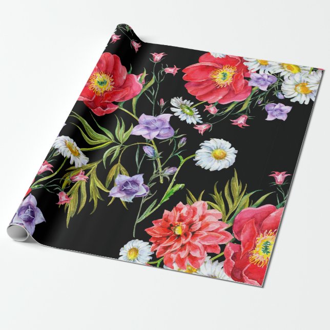 Bouquet flowers, watercolor, seamless pattern wrapping paper (Unrolled)