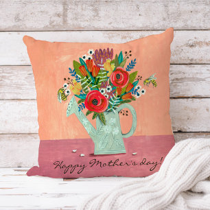 Bouquet in Watering can pink girly floral drawing Throw Pillow