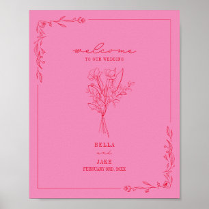 Bouquet Line Art Pink Red Wedding Welcome Poster