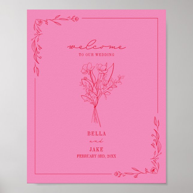 Bouquet Line Art Pink Red Wedding Welcome Poster (Front)