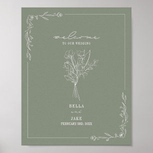 Bouquet Line Art Sage Green Wedding Welcome Poster