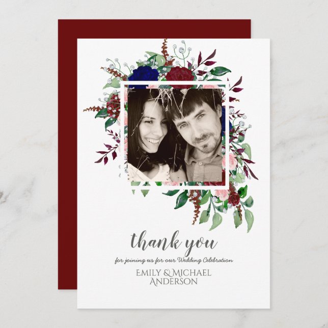 Bouquet Marsala Blue Pink Flowers THANK YOU Invitation (Front/Back)