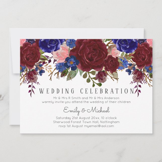 Bouquet Marsala Navy Blue Pink Floral WEDDING Invitation (Front)
