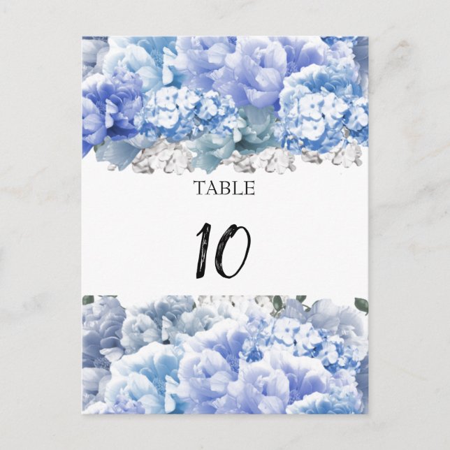  Bouquet Monochrome Blue Table Seating Number Card (Front)