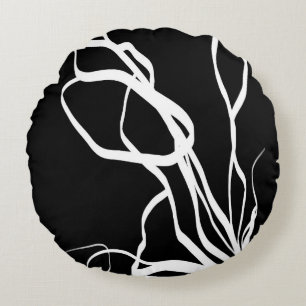 Bouquet Noir: Abstract Black & White Round Pillow