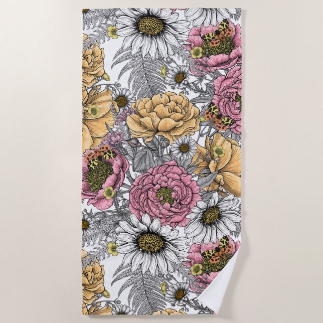 Bouquet of flowers- roses, peonies, daisies ans fe beach towel (Front)