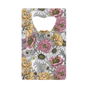 Bouquet of flowers- roses, peonies, daisies ans fe credit card bottle opener