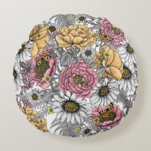 Bouquet of flowers- roses, peonies, daisies ans fe round pillow