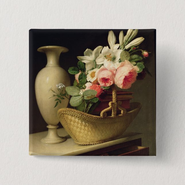 Bouquet of Lilies and Roses in a Basket, 1814 2 Inch Square Button (Front)