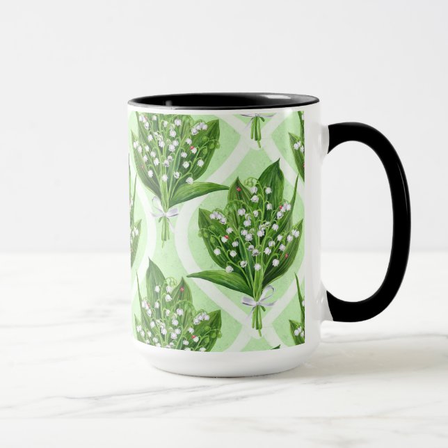 Bouquet of lilly of the valley flowers on green mug (Right)