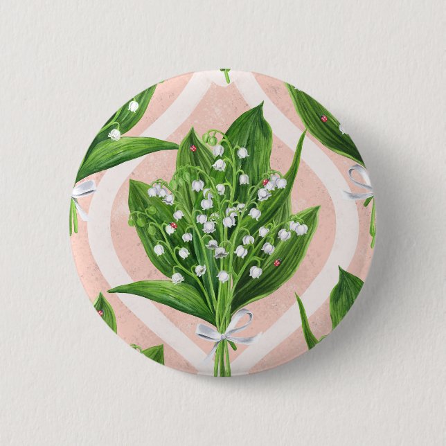 Bouquet of lilly of the valley flowers on pink 2 inch round button (Front)