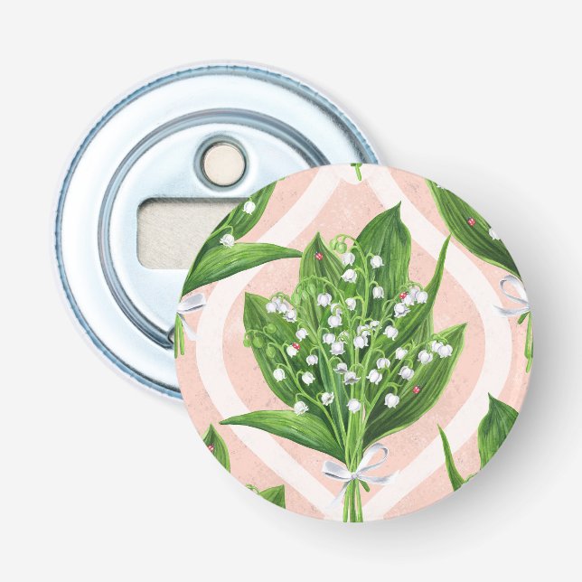 Bouquet of lilly of the valley flowers on pink bottle opener (Front)