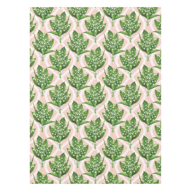 Bouquet of lilly of the valley flowers on pink tablecloth (Front)