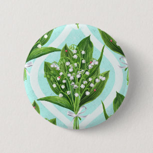 Bouquet of lily of the valley flowers on blue 2 inch round button