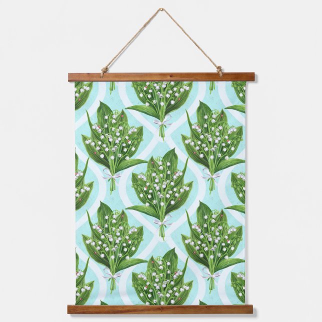 Bouquet of lily of the valley flowers on blue hanging tapestry (Front)