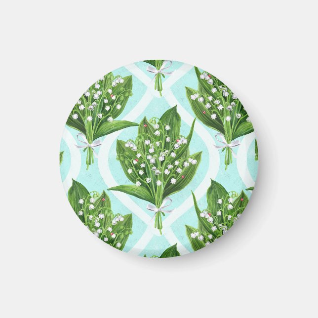 Bouquet of lily of the valley flowers on blue magnet (Front)