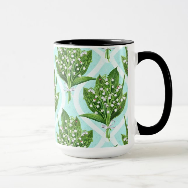 Bouquet of lily of the valley flowers on blue mug (Right)