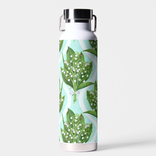 Bouquet of lily of the valley flowers on blue water bottle (Front)